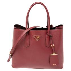 Pre Owned Prada Dark Red Saffiano Cuir Leather Large Double Handle Tote