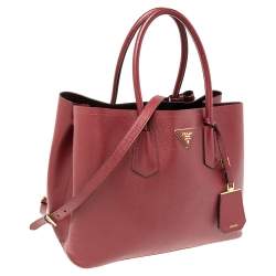 Pre Owned Prada Dark Red Saffiano Cuir Leather Large Double Handle Tote