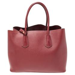 Pre Owned Prada Dark Red Saffiano Cuir Leather Large Double Handle Tote