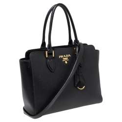 Pre Owned Prada Black Saffiano Lux Leather Snap Tote