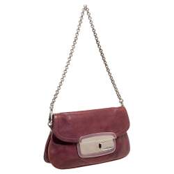 Pre Owned Prada Purple Leather Metal Mirror Flap Chain Baguette Bag