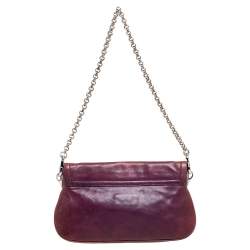 Pre Owned Prada Purple Leather Metal Mirror Flap Chain Baguette Bag
