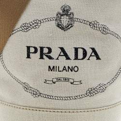 Pre Owned Prada Off White/Brown Canvas and Leather Small Logo Bucket Bag