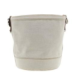 Pre Owned Prada Off White/Brown Canvas and Leather Small Logo Bucket Bag