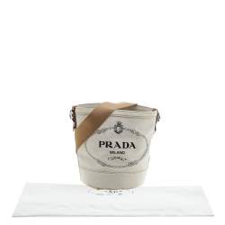Pre Owned Prada Off White/Brown Canvas and Leather Small Logo Bucket Bag
