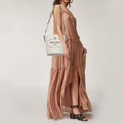 Pre Owned Prada Off White/Brown Canvas and Leather Small Logo Bucket Bag
