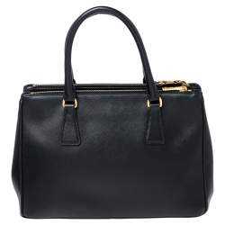 Pre Owned Prada Black Saffiano Lux Leather Small Double Zip Tote