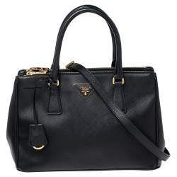 Pre Owned Prada Black Saffiano Lux Leather Small Double Zip Tote