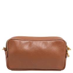 Pre Owned Prada Brown Saffiano Lux Leather Double Zip Camera Crossbody Bag