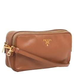 Pre Owned Prada Brown Saffiano Lux Leather Double Zip Camera Crossbody Bag