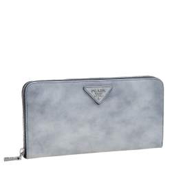 Pre Owned Prada Grey Glossy Leather Zip Around Wallet