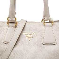 Pre Owned Prada Pearl White Vitello Daino Leather Side Zip Tote