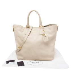 Pre Owned Prada Pearl White Vitello Daino Leather Side Zip Tote