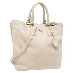 Pre Owned Prada Pearl White Vitello Daino Leather Side Zip Tote