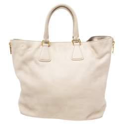 Pre Owned Prada Pearl White Vitello Daino Leather Side Zip Tote