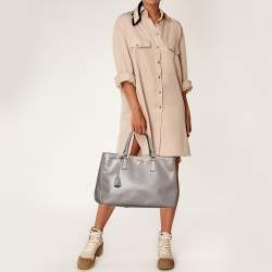 Pre Owned Prada Grey Saffiano Lux Leather Open Galleria Tote