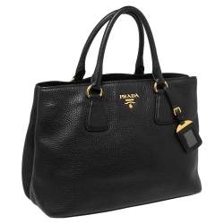 Pre Owned Prada Black Vitello Daino Leather Middle Zip Tote