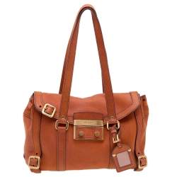 Pre Owned Prada Rust Orange Leather Antique Buckle Flap Satchel