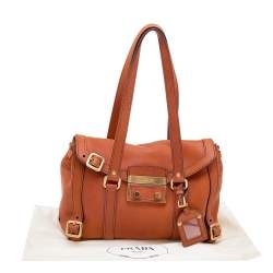 Pre Owned Prada Rust Orange Leather Antique Buckle Flap Satchel