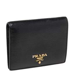 Pre Owned Prada Black Vitello Move Leather Logo Bifold Compact Wallet
