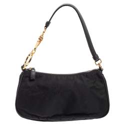 Pre Owned Prada Black Nylon and Leather Logo Plague Pochette Bag