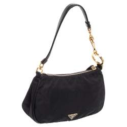 Pre Owned Prada Black Nylon and Leather Logo Plague Pochette Bag