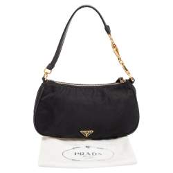 Pre Owned Prada Black Nylon and Leather Logo Plague Pochette Bag