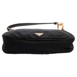Pre Owned Prada Black Nylon and Leather Logo Plague Pochette Bag