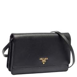 Pre Owned Prada Black Saffiano Lux Leather Flap Clutch Bag