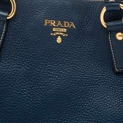 Pre Owned Prada Blue Vitello Daino Leather Side Zip Shopper Tote