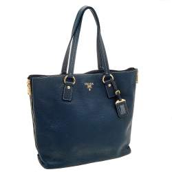 Pre Owned Prada Blue Vitello Daino Leather Side Zip Shopper Tote