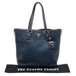 Pre Owned Prada Blue Vitello Daino Leather Side Zip Shopper Tote