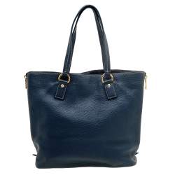 Pre Owned Prada Blue Vitello Daino Leather Side Zip Shopper Tote