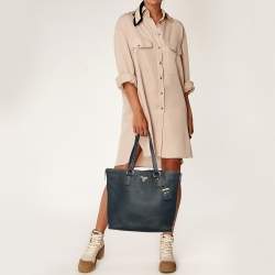 Pre Owned Prada Blue Vitello Daino Leather Side Zip Shopper Tote