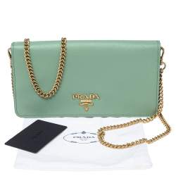 Pre Owned Prada Mint Green Saffiano Lux Leather Logo Flap Wallet on Chain