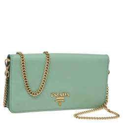 Pre Owned Prada Mint Green Saffiano Lux Leather Logo Flap Wallet on Chain