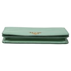 Pre Owned Prada Mint Green Saffiano Lux Leather Logo Flap Wallet on Chain
