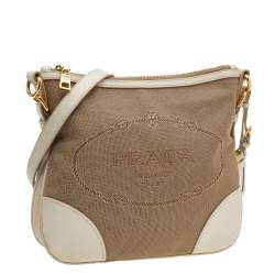 Pre Owned Prada Beige/Brown Canvas And Leather Canapa Logo Crossbody Bag