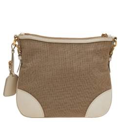 Pre Owned Prada Beige/Brown Canvas And Leather Canapa Logo Crossbody Bag