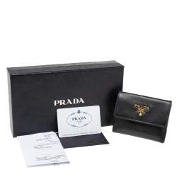 Pre Owned Prada Black Saffiano Metal Leather Flap French Compact Wallet
