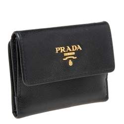 Pre Owned Prada Black Saffiano Metal Leather Flap French Compact Wallet