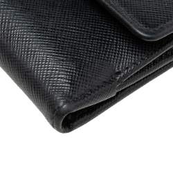 Pre Owned Prada Black Saffiano Metal Leather Flap French Compact Wallet
