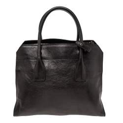 Pre Owned Prada Black Glazed Leather Top Zip Tote