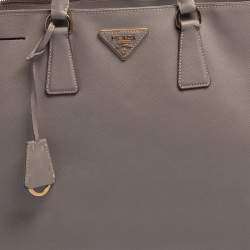 Pre Owned Prada Grey Saffiano Lux Leather Large Double Zip Tote