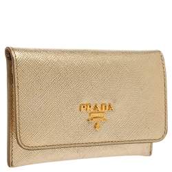 Pre Owned Prada Gold Saffiano Leather Card Case
