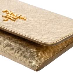 Pre Owned Prada Gold Saffiano Leather Card Case