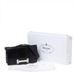 Pre Owned Prada Black Leather and Crocodile Ribbon Flap Shoulder Bag