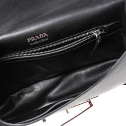 Pre Owned Prada Black Leather and Crocodile Ribbon Flap Shoulder Bag