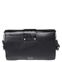 Pre Owned Prada Black Leather and Crocodile Ribbon Flap Shoulder Bag