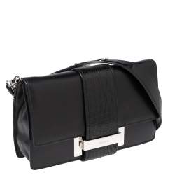 Pre Owned Prada Black Leather and Crocodile Ribbon Flap Shoulder Bag